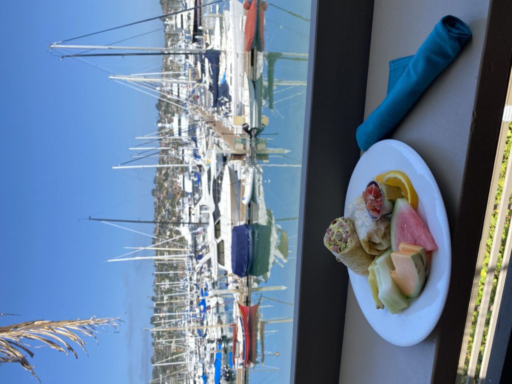 breakfast burrito overlooking the marina at blue wave restaurant