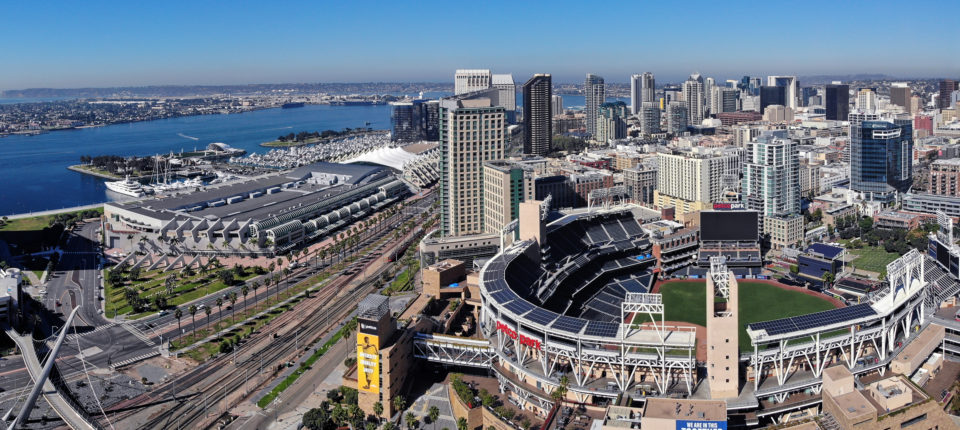 Aerial view of Padres baseball game at Petco Park 