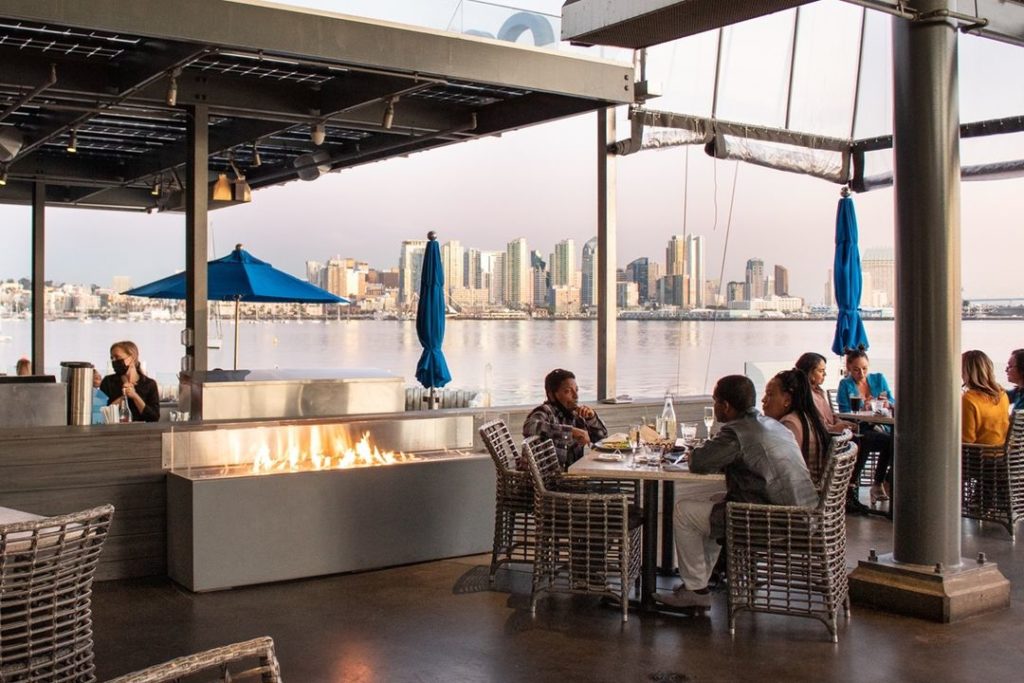 waterfront dining overlooking downtown skyline at coasterra
