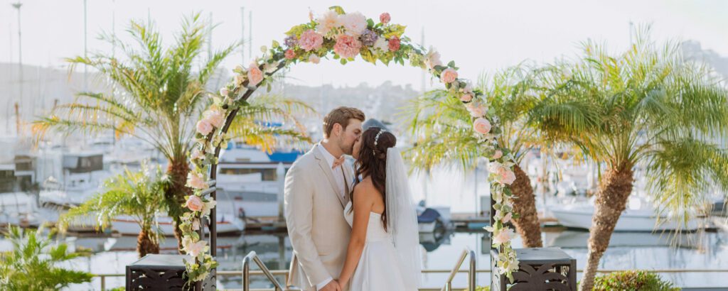 a bride and groom kissing