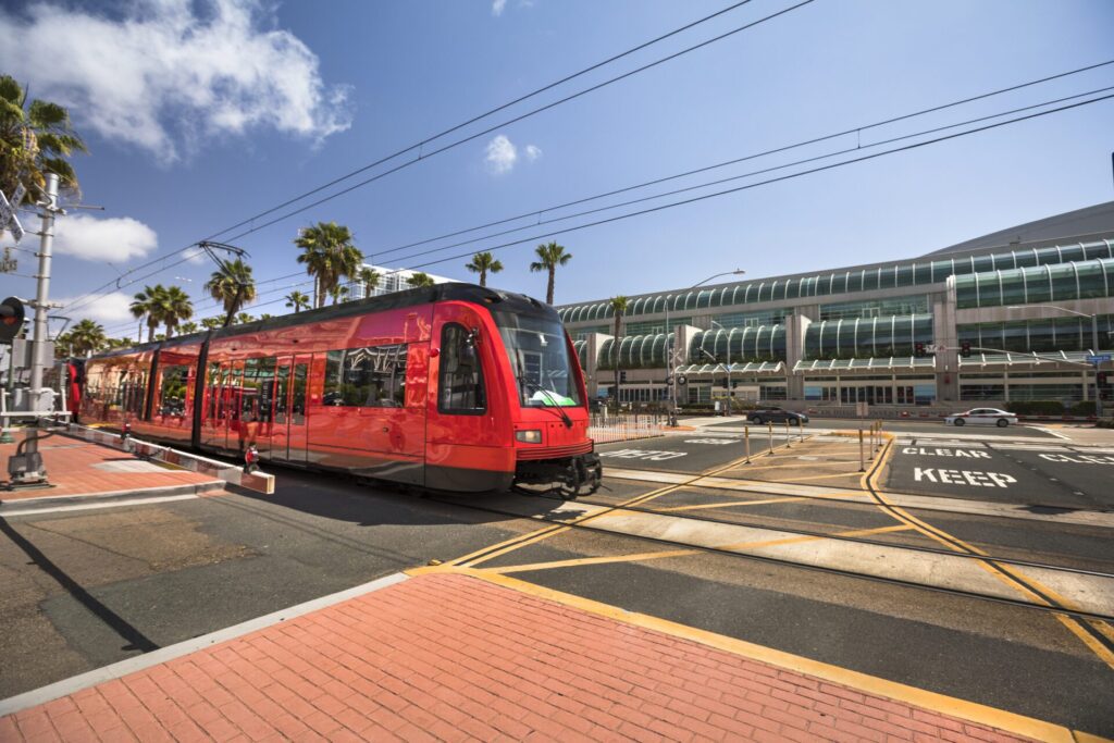 a red public transit train