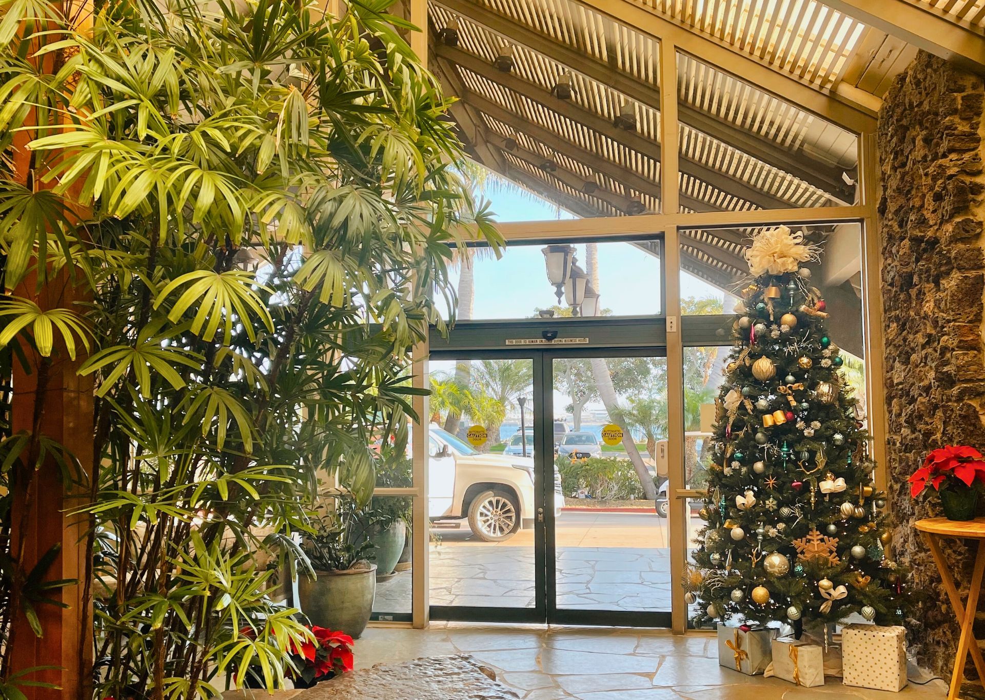 hotel entrance with christmas tree