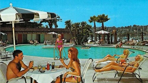 people at shelter island pool vintage