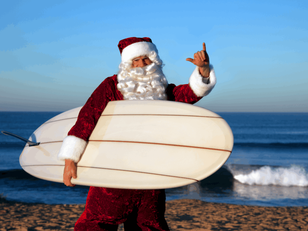 santa with surfboard